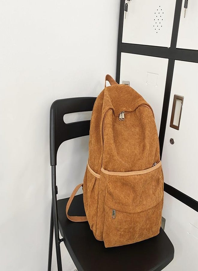 Lamprod Aesthetic Backpack Cute Backpack Corduroy Backpack School Supplies Laptop Bag for Teens Girls Women Students Solid Color(Brown) - Image 2