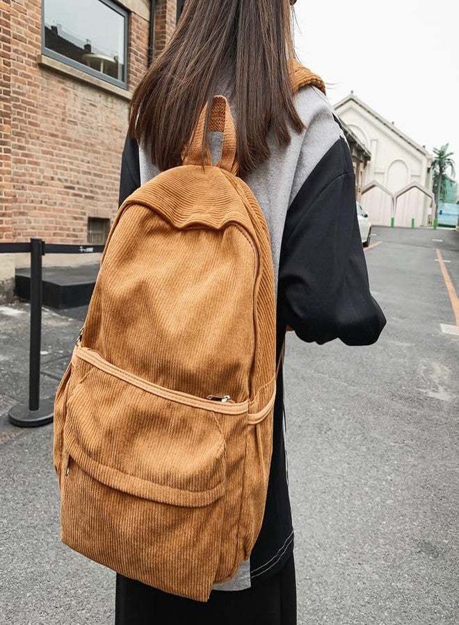 Lamprod Aesthetic Backpack Cute Backpack Corduroy Backpack School Supplies Laptop Bag for Teens Girls Women Students Solid Color(Brown) - Image 3