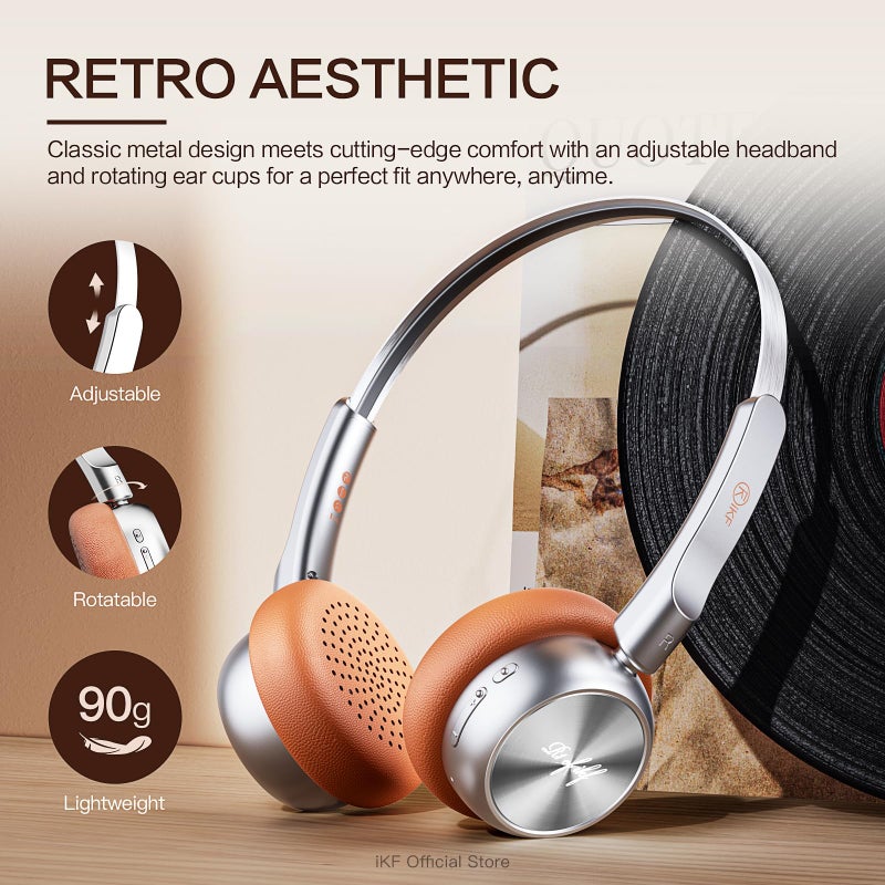 iKF R1 Wireless Bluetooth Headphones, Retro Classic Lightweight Headset, Builti-in Mic, 60H Playback, Dual Device Connectivity, Low Latency, App Customization,Throwback 80s 90s,OOTD, Brown - Image 2