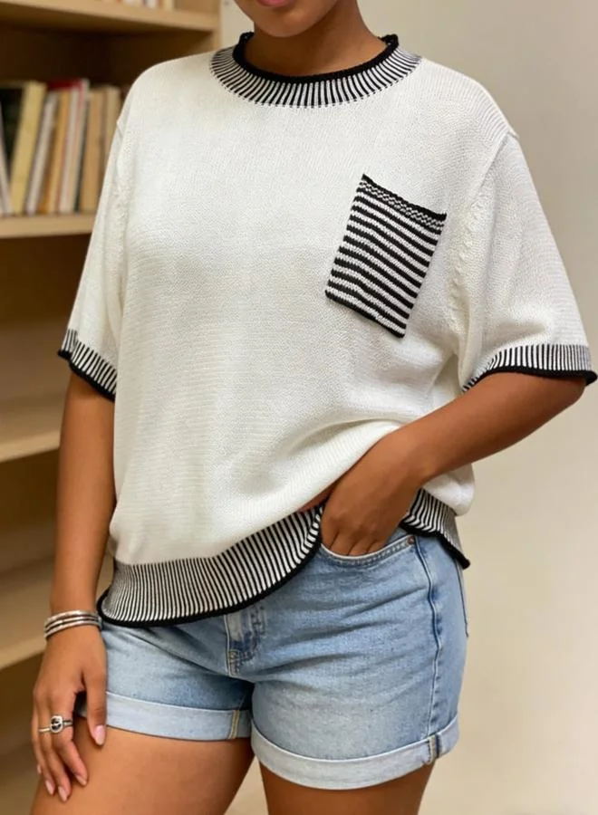 تايك تو Plus Size Striped Trim Knit Top