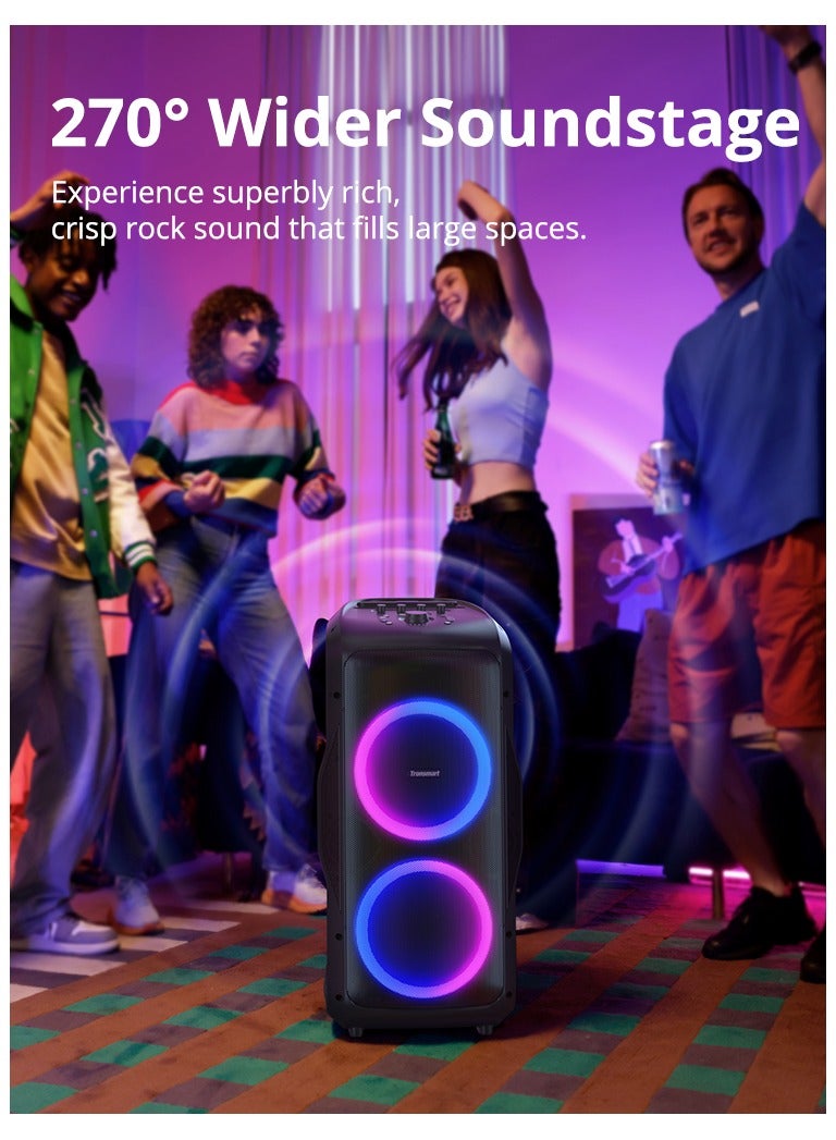 Tronsmart مكبر صوت ترونسماارت هالو 300 المحمول للحفلات – مكبر صوت بلوتوث بقوة 240 واط مع صوت عميق، صوت محيطي بزاوية 270°، عرض ضوء LED، وقت تشغيل يصل إلى 20 ساعة، مقاوم للماء IPX4، مدخلات ميكروفون/جيتار/XLR، اقتران TWS باللون الأسود - Image 3