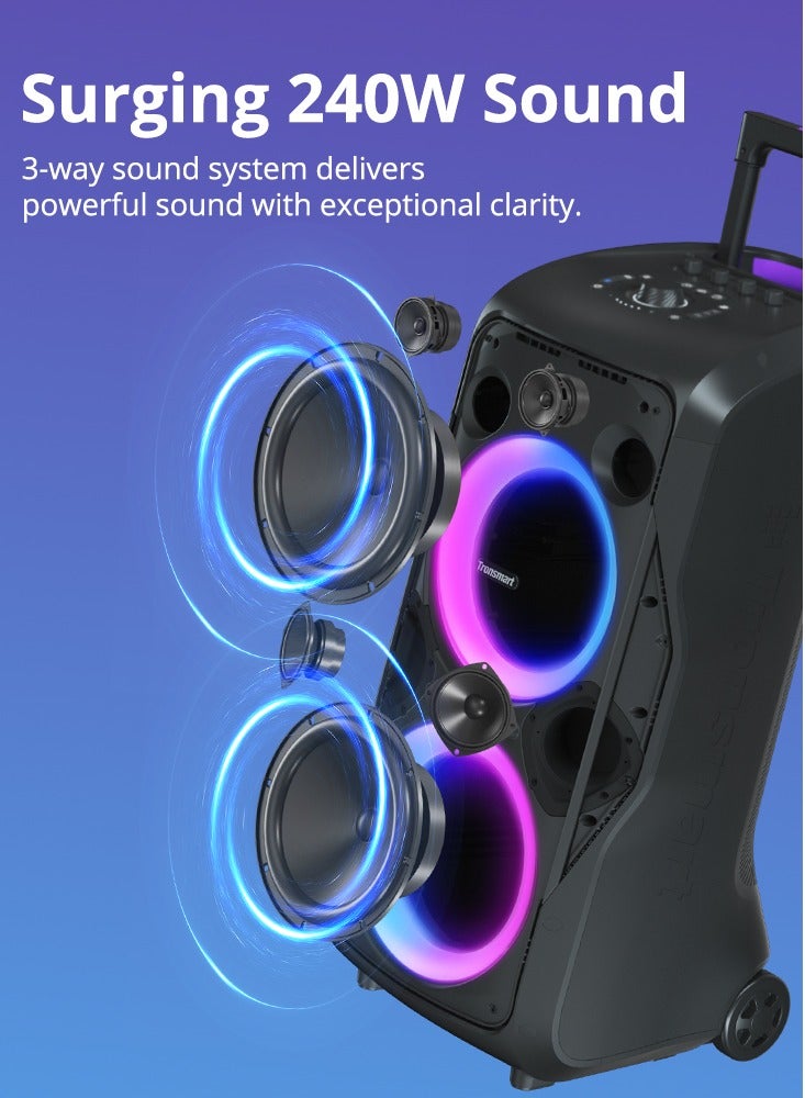 Tronsmart مكبر صوت ترونسماارت هالو 300 المحمول للحفلات – مكبر صوت بلوتوث بقوة 240 واط مع صوت عميق، صوت محيطي بزاوية 270°، عرض ضوء LED، وقت تشغيل يصل إلى 20 ساعة، مقاوم للماء IPX4، مدخلات ميكروفون/جيتار/XLR، اقتران TWS باللون الأسود - Image 2