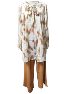 Generic Women's Cotton Linen 2-pieces Set Long Sleeve Suit With Ribbon and Wide Leg Pants Free Size T-0254  - Image 1