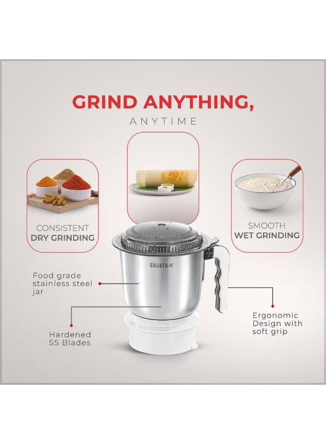 Sujata Supermix Mixer Grinder|900 Watts Double Ball Bearing Motor|22000 RPM|Non-Stop 90 Mins Running|3 Jars including 1750ml Blender, 1000ml Grinder, 500ml Chutney Jar| (White) - Image 4