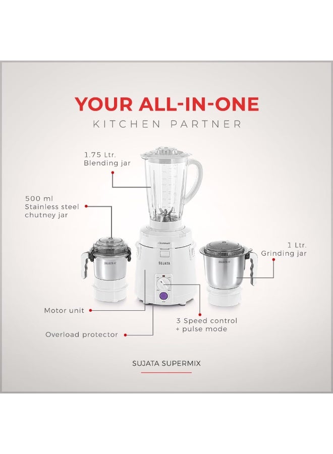 Sujata Supermix Mixer Grinder|900 Watts Double Ball Bearing Motor|22000 RPM|Non-Stop 90 Mins Running|3 Jars including 1750ml Blender, 1000ml Grinder, 500ml Chutney Jar| (White) - Image 2