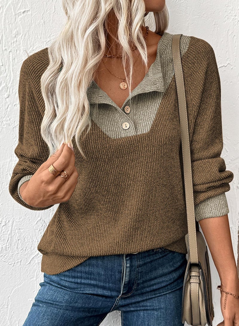 EVALESS Womens Long Sleeve Shirts Spring Fashion 2026 Patchwork Button Up V Neck Oversized Sweatshirt Casual Trendy Pullover Tops School Outfits for Teachers Brown Medium - Image 4