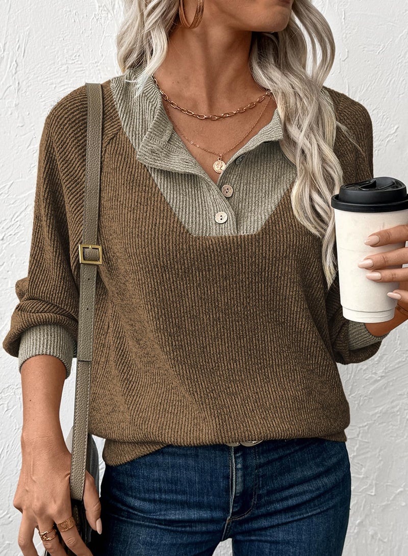 EVALESS Womens Long Sleeve Shirts Spring Fashion 2026 Patchwork Button Up V Neck Oversized Sweatshirt Casual Trendy Pullover Tops School Outfits for Teachers Brown Medium - Image 5