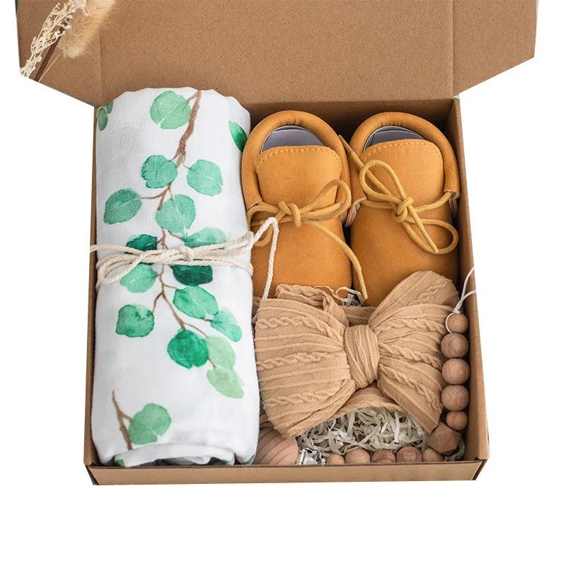 Y&D 4Pcs Newborn Gift Set: Cotton Swaddle Blanket, Baby Shoes, Pacifier Clip, Hairband - Perfect Swaddlers Birth Accessories - Image 1