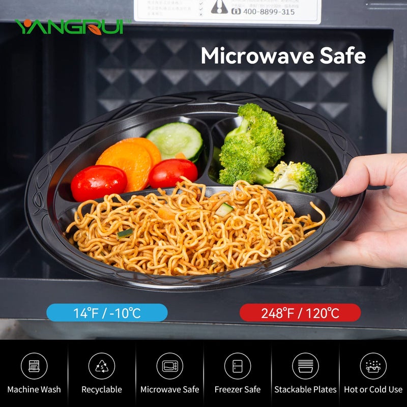 YANGRUI Reusable Plastic Plates  9 Inch 3 Compartments 150 Pack Food Grade Material BPA Free MFPP Black Dinner Tray - Image 2