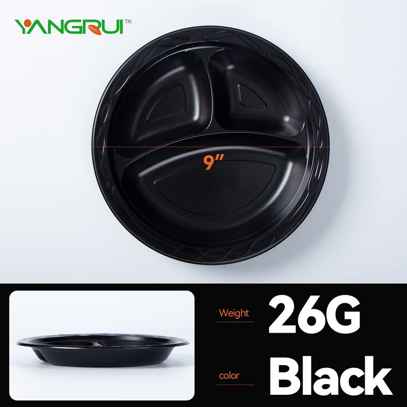 YANGRUI Reusable Plastic Plates  9 Inch 3 Compartments 150 Pack Food Grade Material BPA Free MFPP Black Dinner Tray - Image 5