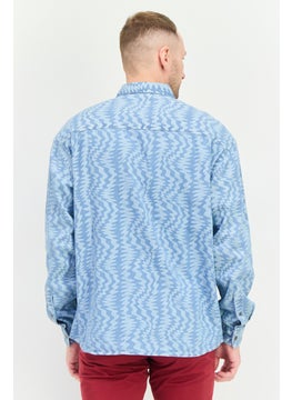 Asos Design Men Oversized Fit Aztec Pattern Sleeves Denim Shirt, Blue  - Image 3