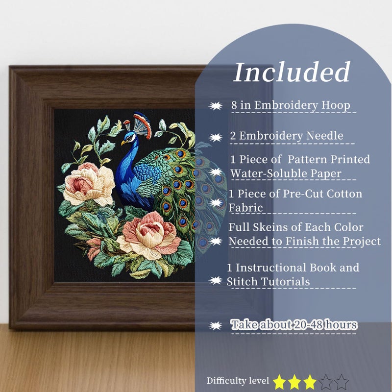 FONNUY Peacock Floral Embroidery Kit, Cross Stitch Kits, Handmade Crafts with Printed Patterns for Beginner Adults, Easy to Follow Color Thread Needlework, 8'' Hoop (Graceful Dancer) - Image 2