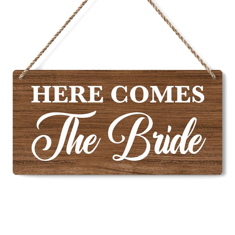 BELLOWDEER Rustic Wedding Sign Here Comes the Bride  Ring Bearer Sign  Funny Wedding Decor Weddings Stuff Engagement Decorations 12x6 Inches (Brown) - Image 1