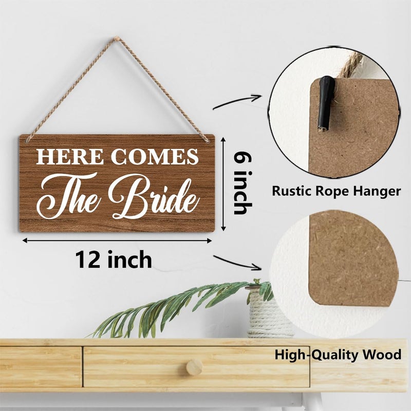 BELLOWDEER Rustic Wedding Sign Here Comes the Bride  Ring Bearer Sign  Funny Wedding Decor Weddings Stuff Engagement Decorations 12x6 Inches (Brown) - Image 2