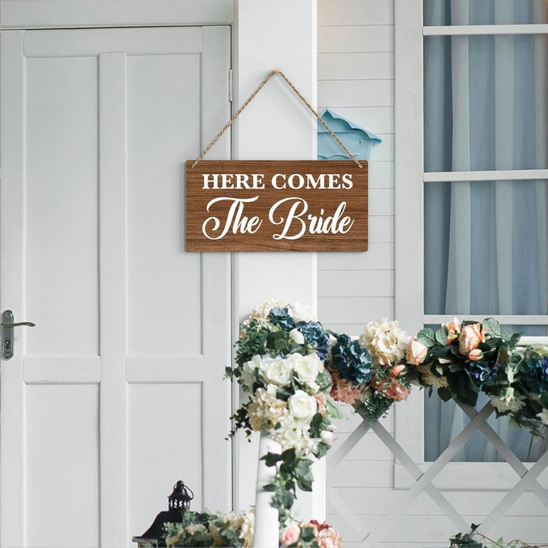 BELLOWDEER Rustic Wedding Sign Here Comes the Bride  Ring Bearer Sign  Funny Wedding Decor Weddings Stuff Engagement Decorations 12x6 Inches (Brown) - Image 3