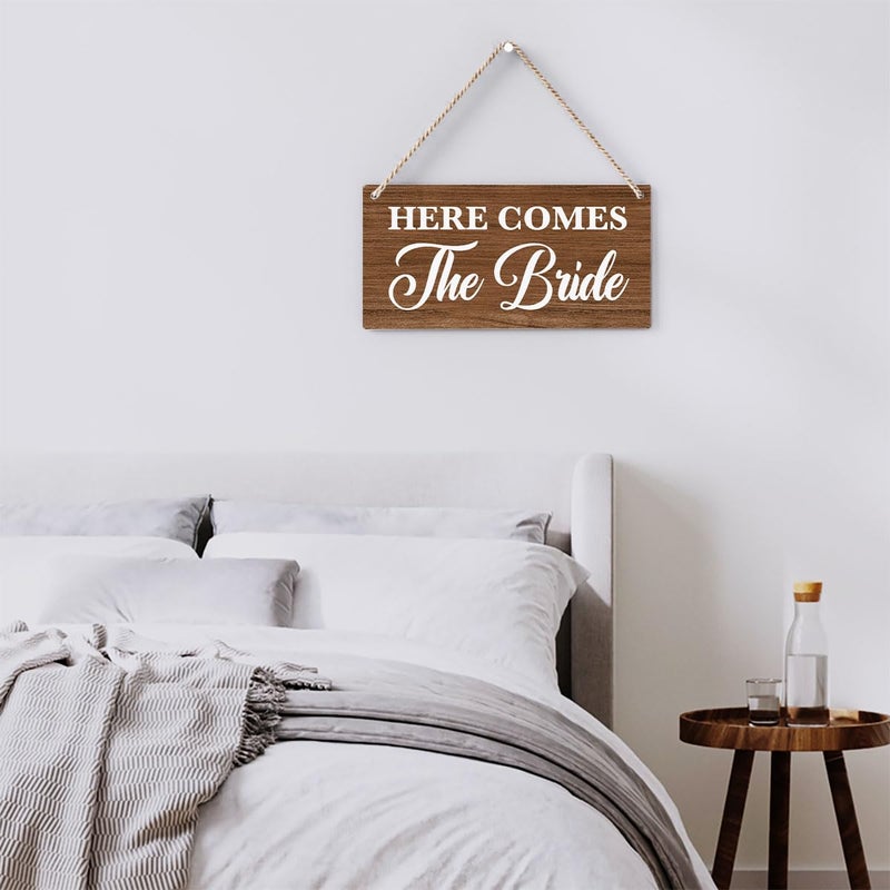 BELLOWDEER Rustic Wedding Sign Here Comes the Bride  Ring Bearer Sign  Funny Wedding Decor Weddings Stuff Engagement Decorations 12x6 Inches (Brown) - Image 5