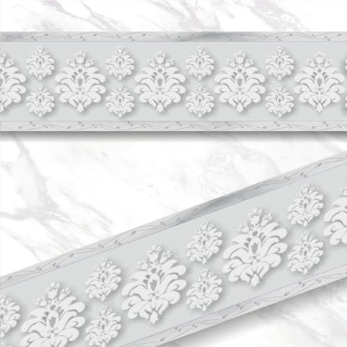 Decals Creation Wall Border Sticker Marble Stone Pattern Matt Finish Waterproof PVC for Kitchen Bathroom Indoor Grey Tile Flower Pattern- (120 X 4 Inch Roll) - Image 1