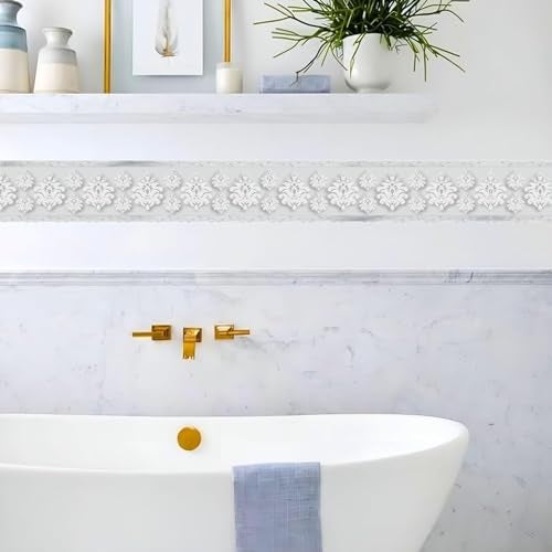 Decals Creation Wall Border Sticker Marble Stone Pattern Matt Finish Waterproof PVC for Kitchen Bathroom Indoor Grey Tile Flower Pattern- (120 X 4 Inch Roll) - Image 4