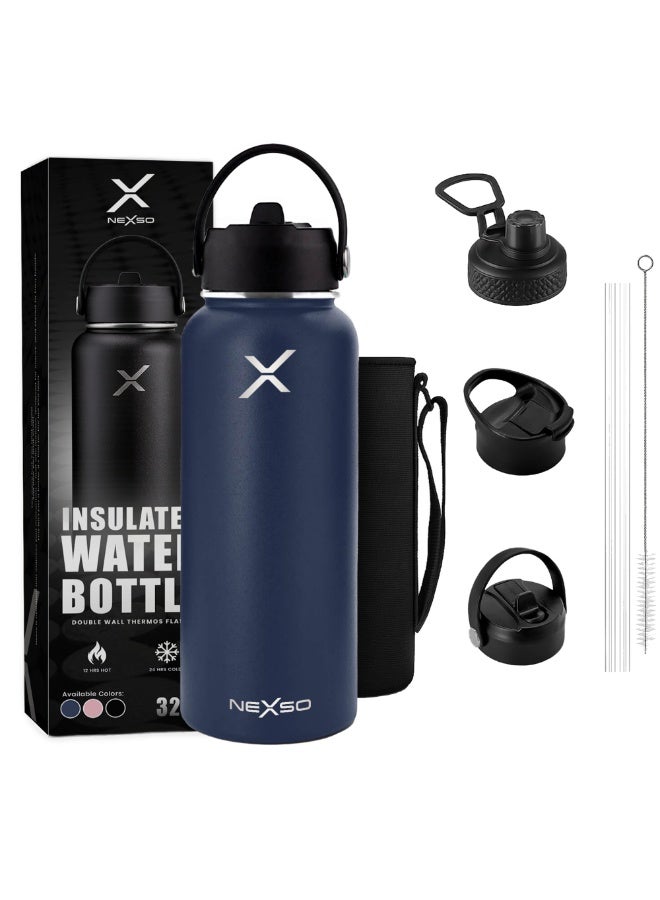 Nexso Stainless Steel Water Bottle – 1L Vacuum Insulated Bottle with 3 Leak-Proof Lids, 2 Straws, Straw Brush & Carrying Bag – Hot & Cold Flask for Gym, Travel, Office & Outdoor Use - Image 1