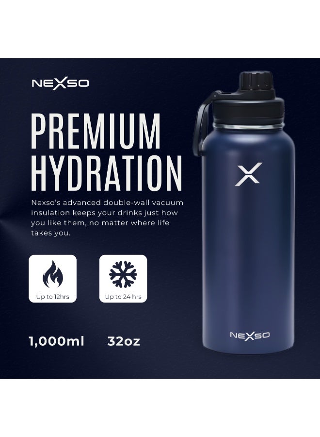 Nexso Stainless Steel Water Bottle – 1L Vacuum Insulated Bottle with 3 Leak-Proof Lids, 2 Straws, Straw Brush & Carrying Bag – Hot & Cold Flask for Gym, Travel, Office & Outdoor Use - Image 2