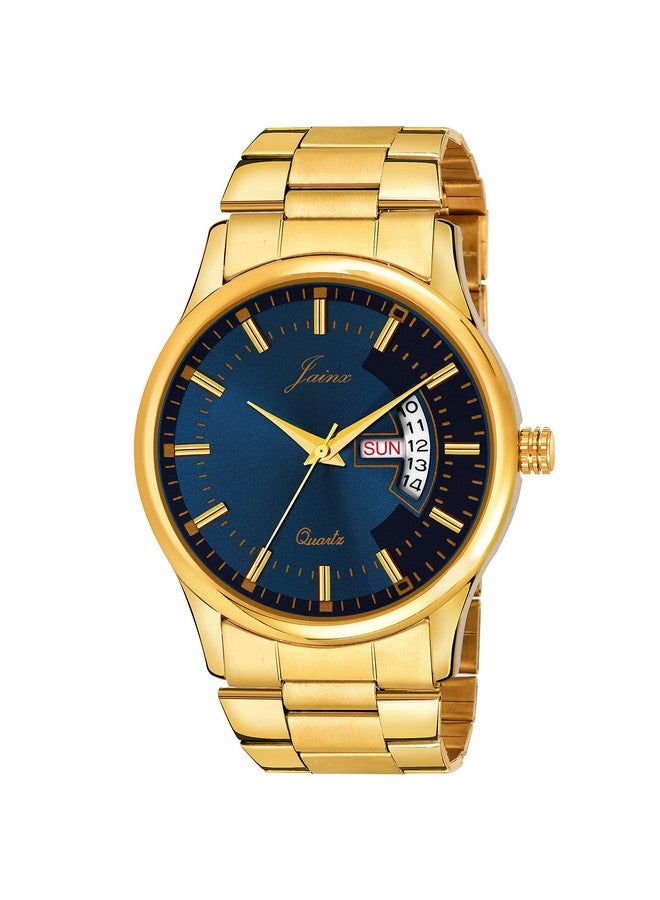jainx Premium Golden Chain Day and Date Feature Analog Stainless Steel Blue Dial Gold Plated Band Wrist Watch for Men - JM1169 - Image 1