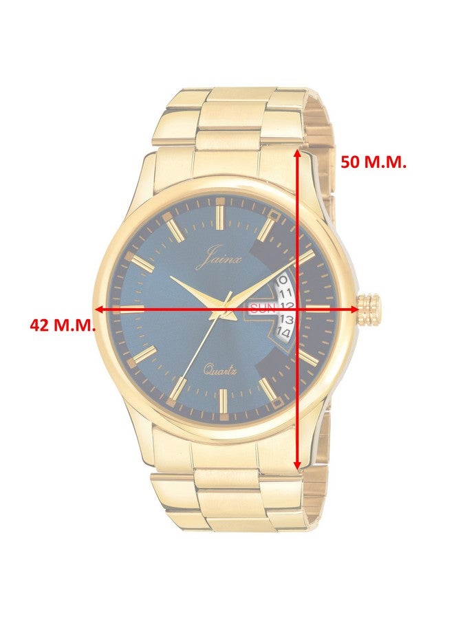 jainx Premium Golden Chain Day and Date Feature Analog Stainless Steel Blue Dial Gold Plated Band Wrist Watch for Men - JM1169 - Image 2