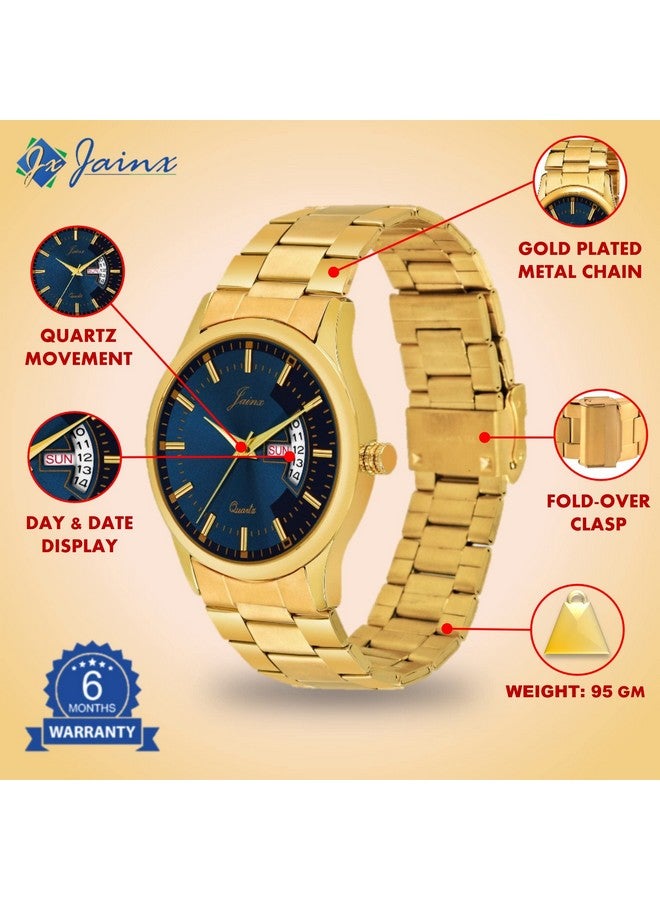 jainx Premium Golden Chain Day and Date Feature Analog Stainless Steel Blue Dial Gold Plated Band Wrist Watch for Men - JM1169 - Image 5