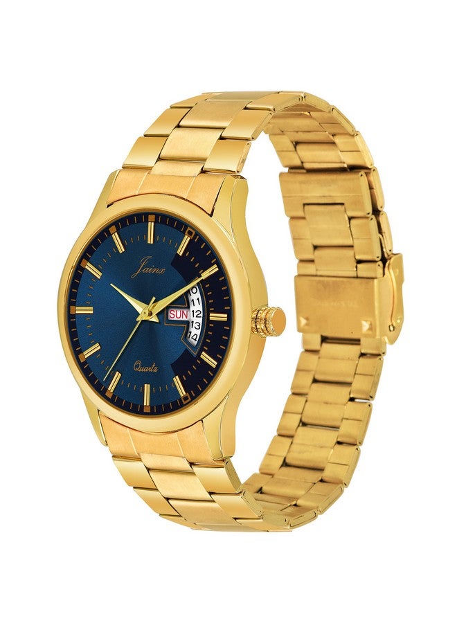 jainx Premium Golden Chain Day and Date Feature Analog Stainless Steel Blue Dial Gold Plated Band Wrist Watch for Men - JM1169 - Image 3