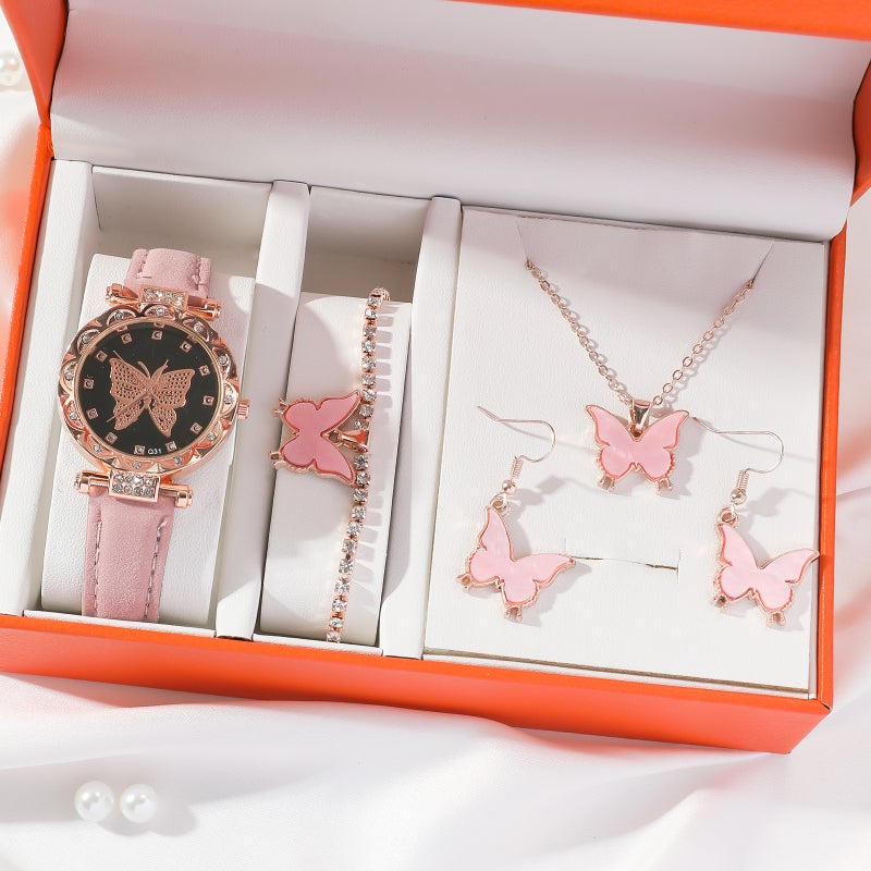 J5pcs/set New Explosions Fresh All-match Pink Belt Butterfly Quartz Watch suit Pink strap watch suit