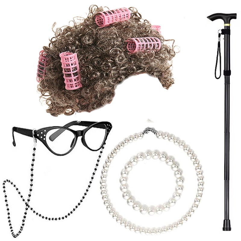 Generic Halloween Granny Wig Cosplay Kids Elderly Costume Set Brown curly hair powder six-piece set