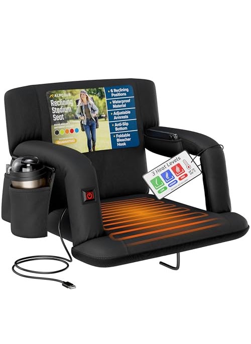 Alpcour Alpcour Heated Reclining Stadium Seat for Bleachers  Wide Bleacher Chair with Back Support and Cushion Armrests Side Pockets  Hook  Stadium Seats Chairs for Camping Kayak Paddle Board  More 