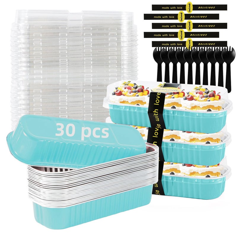 Orlashop Mini Loaf Pans with Lids and Spoons Sealing Sticker,30 Pcs 6.8oz Cake Pans for Baking Disposable Aluminum Foil Christmas Cake Pan (30 Pcs Blue) - Image 1