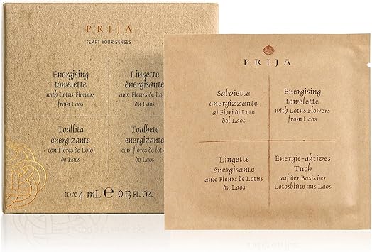 Prija Energising Towelettes Gift Pack for Moisturising Hands and Invigorating the Body Luxurious Travel Wet Wipes with Lotus Flower Premium Natural Viscose Wipes in Gift Box 10 x 4ml - Image 1