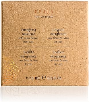 Prija Energising Towelettes Gift Pack for Moisturising Hands and Invigorating the Body Luxurious Travel Wet Wipes with Lotus Flower Premium Natural Viscose Wipes in Gift Box 10 x 4ml - Image 4