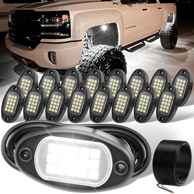YONEDA 16 Pods White Rock Lights 6000K Ultra Bright LED Neon Underglow Lights IP68 Waterproof for Trucks SUV UTV ATV RZR Car Boats Pickup Motorcycle with 3937in Extension Wire