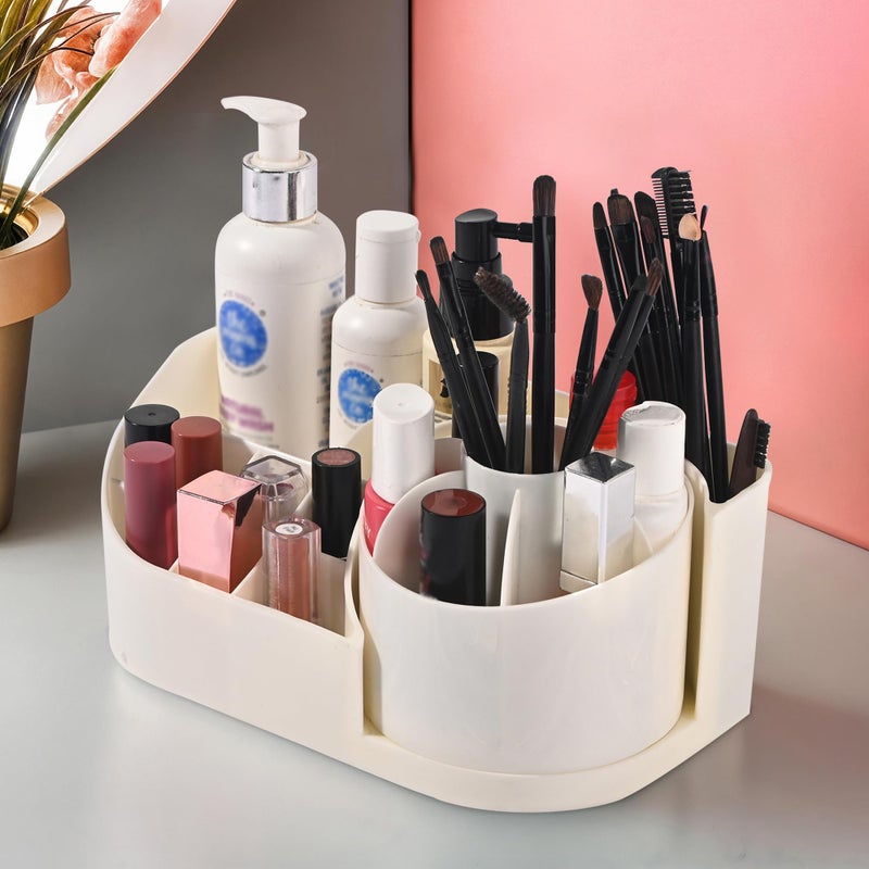 Kuber Industries Rotating Skincare & Makeup Organizer Stand for Bedroom | Dressing Table Organiser for Bathroom Vanity | Girl's Perfume, Comb & Cosmetic Organizer Shelf | Off White - Image 1