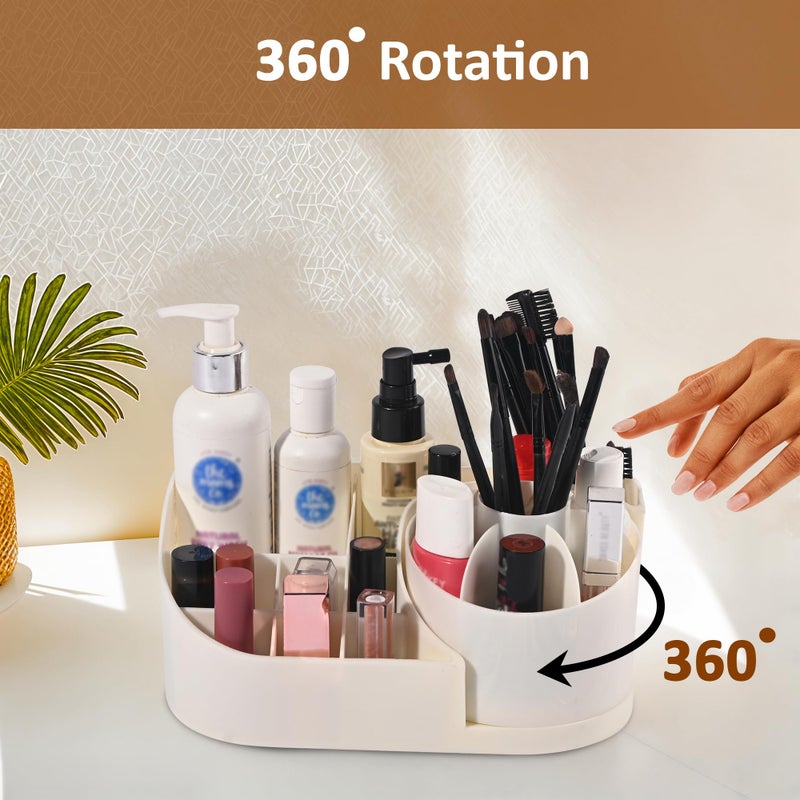 Kuber Industries Rotating Skincare & Makeup Organizer Stand for Bedroom | Dressing Table Organiser for Bathroom Vanity | Girl's Perfume, Comb & Cosmetic Organizer Shelf | Off White - Image 2