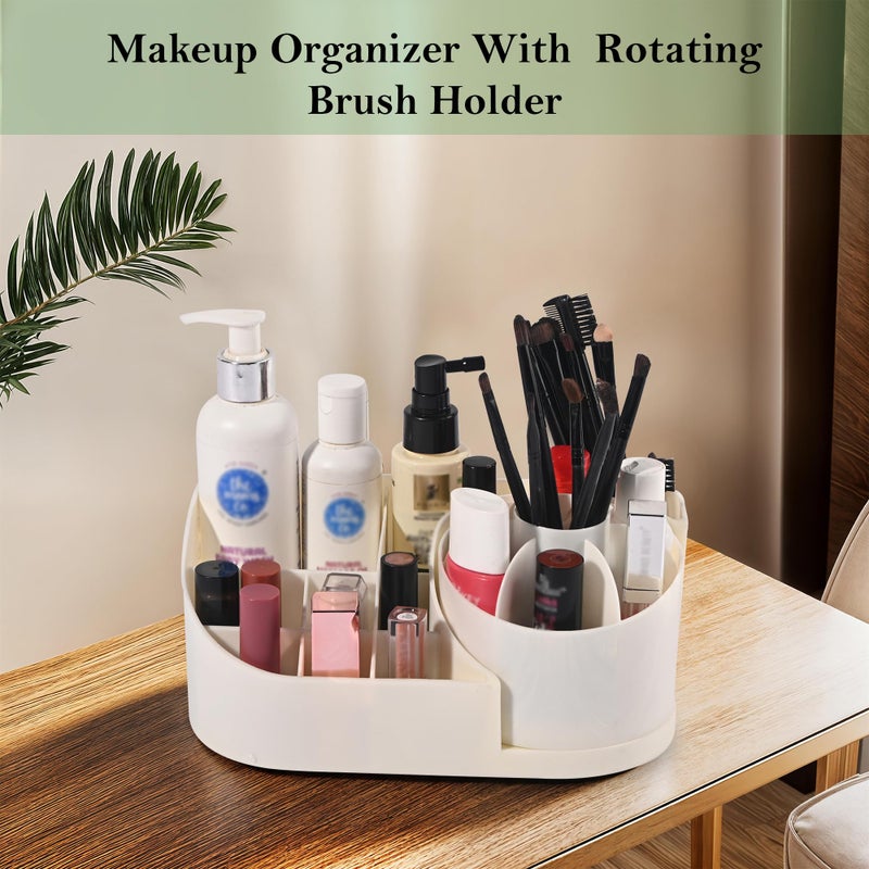 Kuber Industries Rotating Skincare & Makeup Organizer Stand for Bedroom | Dressing Table Organiser for Bathroom Vanity | Girl's Perfume, Comb & Cosmetic Organizer Shelf | Off White - Image 4