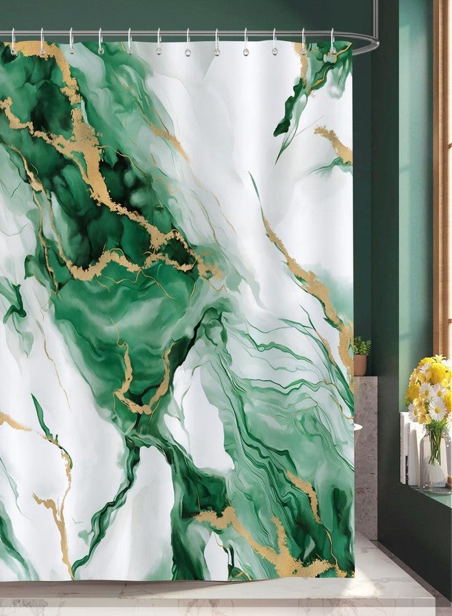 Bonhause Emerald Green Marble Shower Curtain, Ombre Green Gold Modern Abstract Art Bathroom Curtain 72 x 72 Inch Polyester Fabric Waterproof Bath Curtain with 12 Hooks - Image 1
