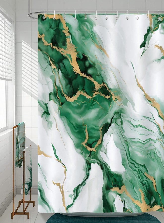 Bonhause Emerald Green Marble Shower Curtain, Ombre Green Gold Modern Abstract Art Bathroom Curtain 72 x 72 Inch Polyester Fabric Waterproof Bath Curtain with 12 Hooks - Image 2
