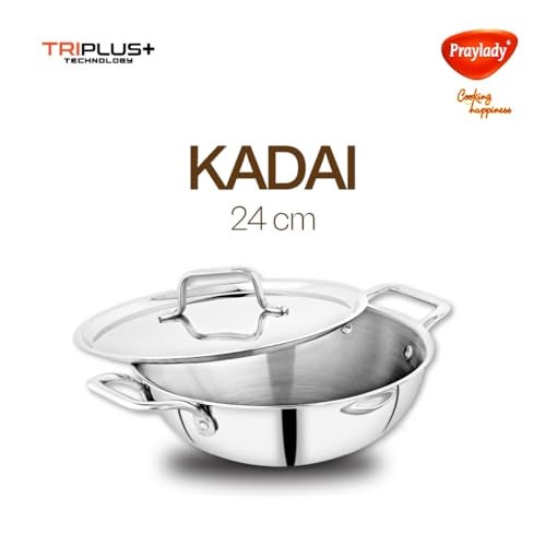Praylady TRIPLUS 3-Piece Triply Cookware Set | 24cm Kadai + 24cm Lid + 22cm Frypan | Triple-Layered Stainless Steel-Aluminum | Works on Induction, Gas & All Cooktops(3-Piece Triply Cookware Set) - Image 4