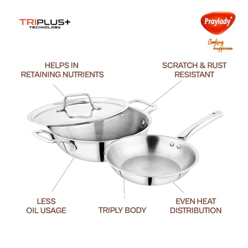 Praylady TRIPLUS 3-Piece Triply Cookware Set | 24cm Kadai + 24cm Lid + 22cm Frypan | Triple-Layered Stainless Steel-Aluminum | Works on Induction, Gas & All Cooktops(3-Piece Triply Cookware Set) - Image 2