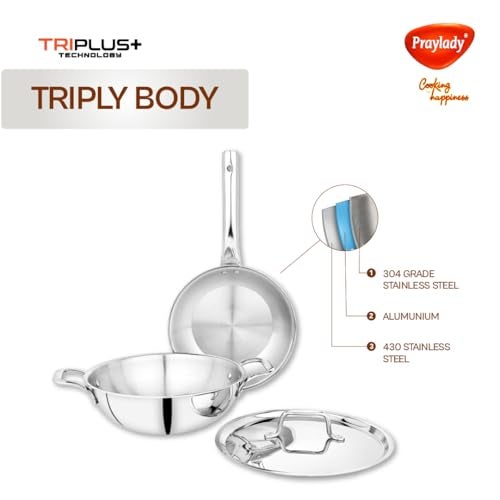 Praylady TRIPLUS 3-Piece Triply Cookware Set | 24cm Kadai + 24cm Lid + 22cm Frypan | Triple-Layered Stainless Steel-Aluminum | Works on Induction, Gas & All Cooktops(3-Piece Triply Cookware Set) - Image 3