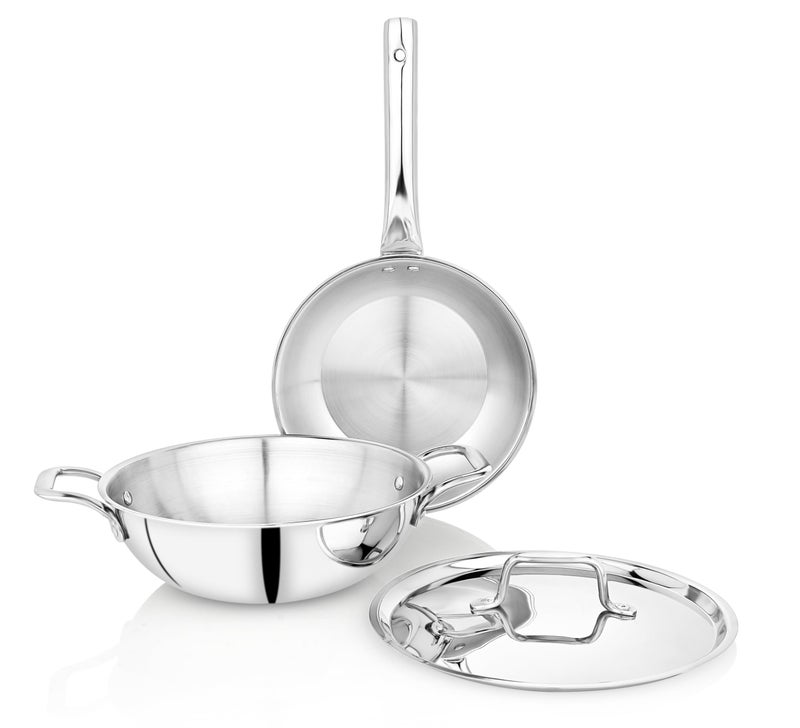 Praylady TRIPLUS 3-Piece Triply Cookware Set | 24cm Kadai + 24cm Lid + 22cm Frypan | Triple-Layered Stainless Steel-Aluminum | Works on Induction, Gas & All Cooktops(3-Piece Triply Cookware Set) - Image 1