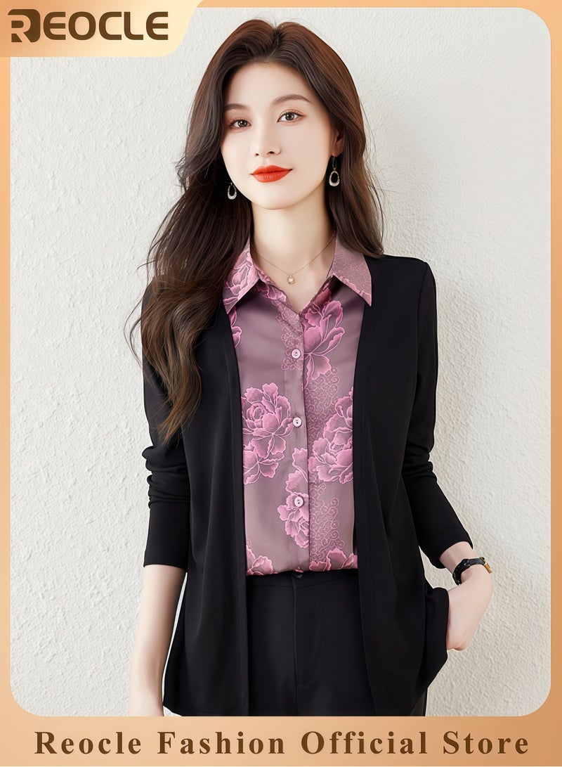 ريوكل قميص نسائي مزيف مكون من قطعتين بأكمام طويلة متشابكة قميص نسائي بأكمام طويلة خريفي دافئ عصري بياقة مدورة بياقة مقلوبة بأزرار مطبوع عليها زهور للتنقل والعمل والملابس اليومية - Image 1