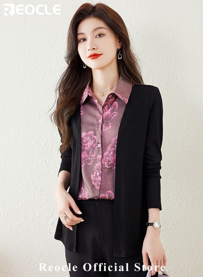 ريوكل قميص نسائي مزيف مكون من قطعتين بأكمام طويلة متشابكة قميص نسائي بأكمام طويلة خريفي دافئ عصري بياقة مدورة بياقة مقلوبة بأزرار مطبوع عليها زهور للتنقل والعمل والملابس اليومية - Image 2