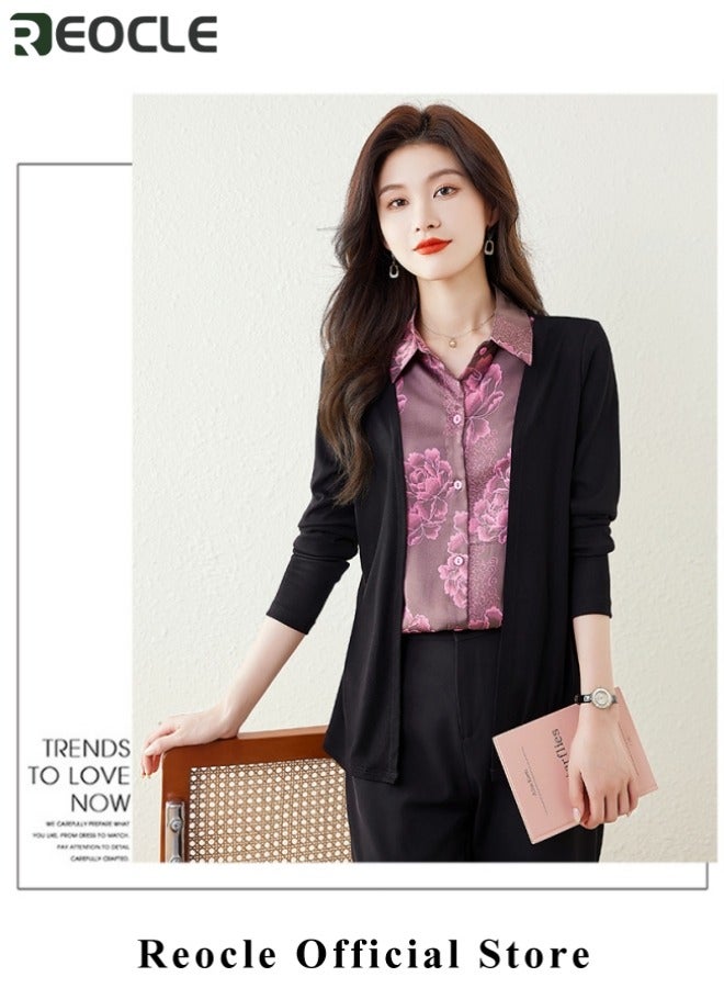 ريوكل قميص نسائي مزيف مكون من قطعتين بأكمام طويلة متشابكة قميص نسائي بأكمام طويلة خريفي دافئ عصري بياقة مدورة بياقة مقلوبة بأزرار مطبوع عليها زهور للتنقل والعمل والملابس اليومية - Image 4