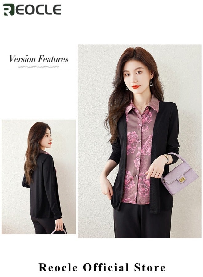 ريوكل قميص نسائي مزيف مكون من قطعتين بأكمام طويلة متشابكة قميص نسائي بأكمام طويلة خريفي دافئ عصري بياقة مدورة بياقة مقلوبة بأزرار مطبوع عليها زهور للتنقل والعمل والملابس اليومية - Image 5