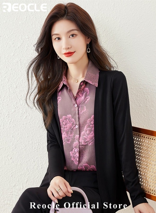 ريوكل قميص نسائي مزيف مكون من قطعتين بأكمام طويلة متشابكة قميص نسائي بأكمام طويلة خريفي دافئ عصري بياقة مدورة بياقة مقلوبة بأزرار مطبوع عليها زهور للتنقل والعمل والملابس اليومية - Image 3