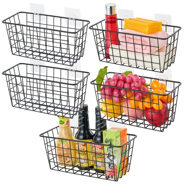 JUNCHU CHERRY 5 Pack Hanging Storage Basket Bathroom Basket Household Goods with Traceless Tape no Drilling for Cabinet Storage Kitchen Bathroom Storage RoomBlack